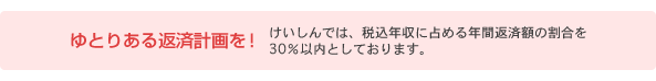ゆとりある返済計画を! けいしんでは、税込年収に占める年間返済額の割合を30%以内としております。